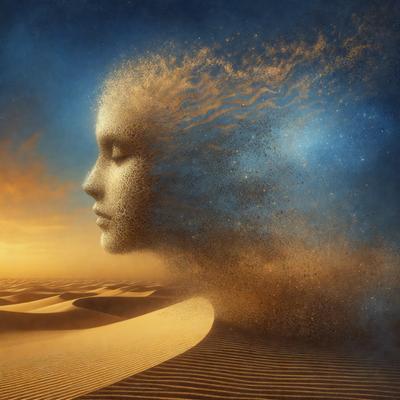 The primary subject of the image is a close-up of a woman's face, with her eyes closed. The setting is a desert landscape, with sand and dunes visible in the background. The visual style is a combination of photo and digital art, creating a surreal and dreamy atmosphere. The colors are predominantly earth tones, with a warm and serene mood.